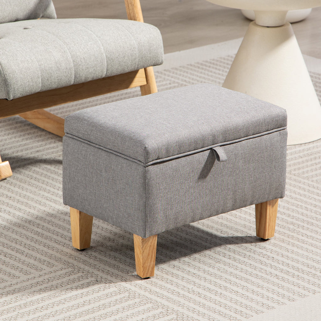 16L Linen Storage Ottoman Padded Footstool with Rubberwood Legs, Light Grey