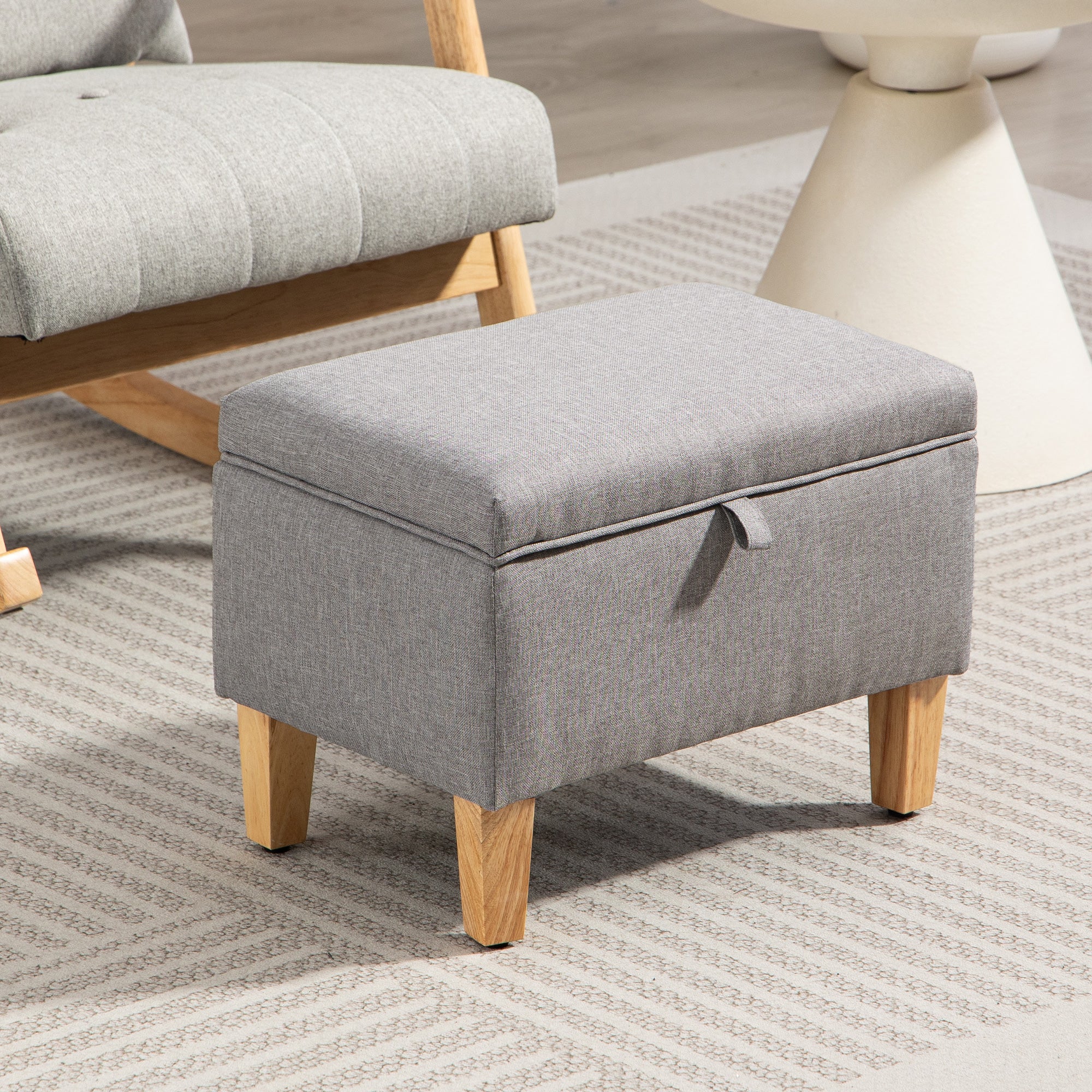 16L Linen Storage Ottoman Padded Footstool with Rubberwood Legs, Light Grey