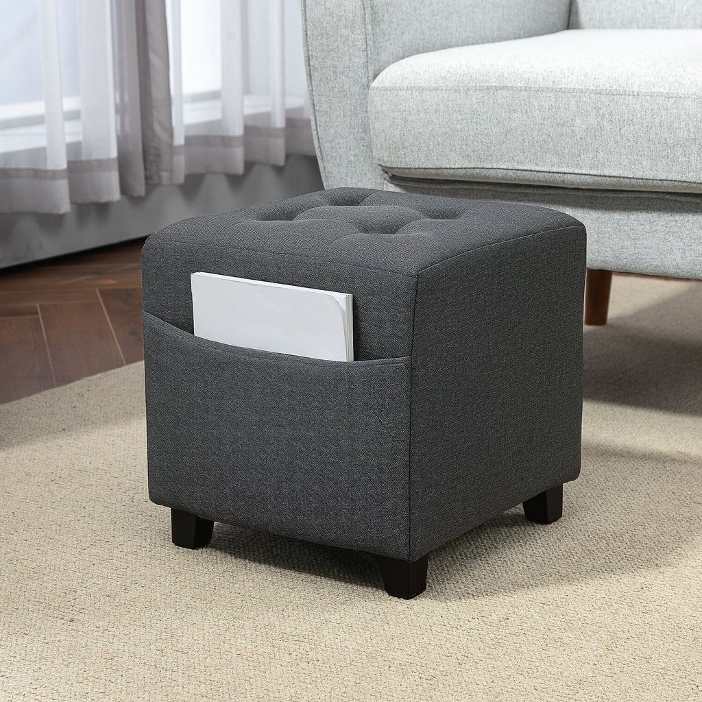 Square Footstool, Small Ottoman with Side Pocket, Linen Fabric Footrest with Rubber Wood Legs and Padded Seat for Living Room, Bedroom, Entryway, 35 x 35 x 35cm, Grey