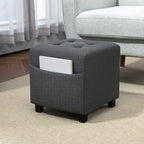 Square Footstool, Small Ottoman with Side Pocket, Linen Fabric Footrest with Rubber Wood Legs and Padded Seat for Living Room, Bedroom, Entryway, 35 x 35 x 35cm, Grey
