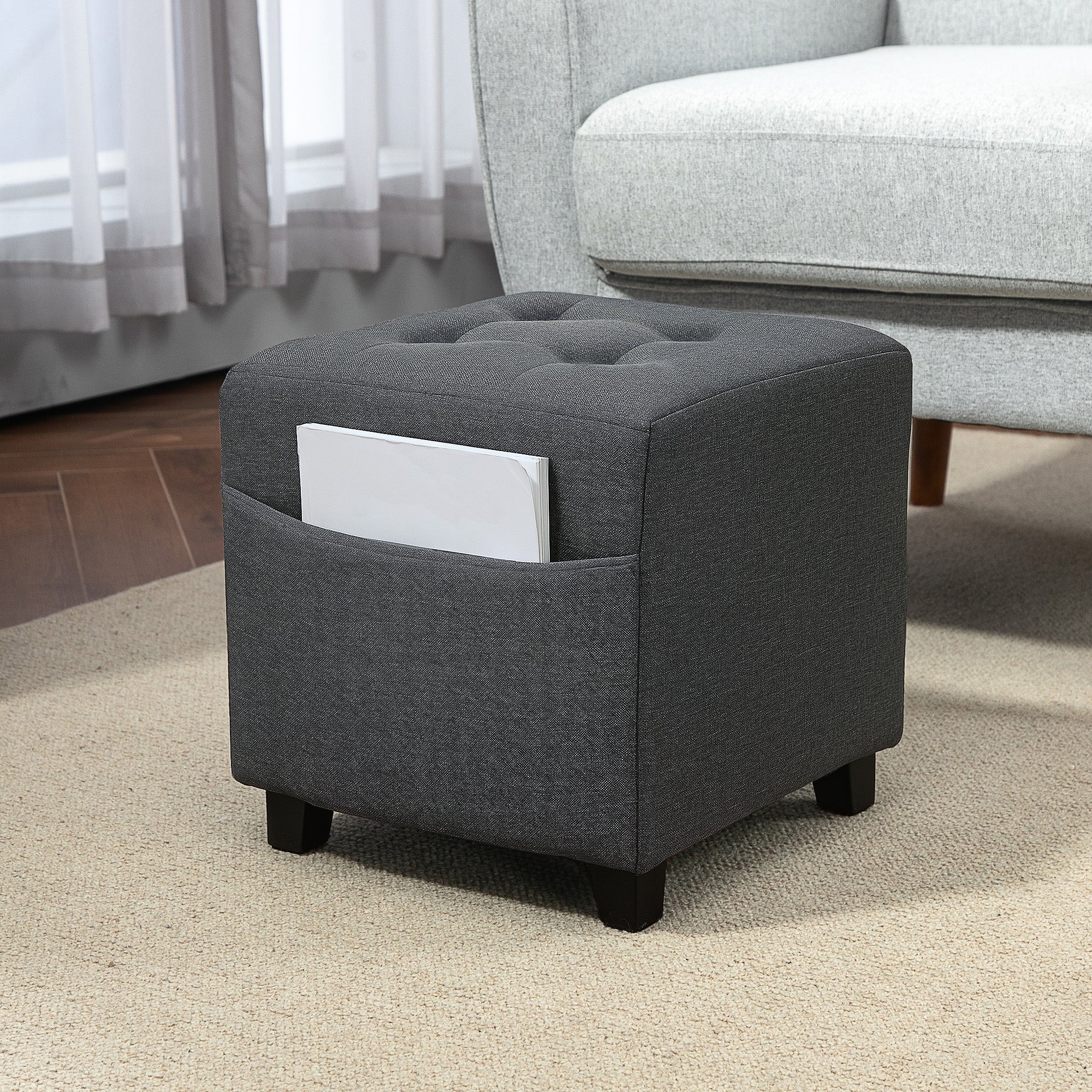 Square Footstool, Small Ottoman with Side Pocket, Linen Fabric Footrest with Rubber Wood Legs and Padded Seat for Living Room, Bedroom, Entryway, 35 x 35 x 35cm, Grey