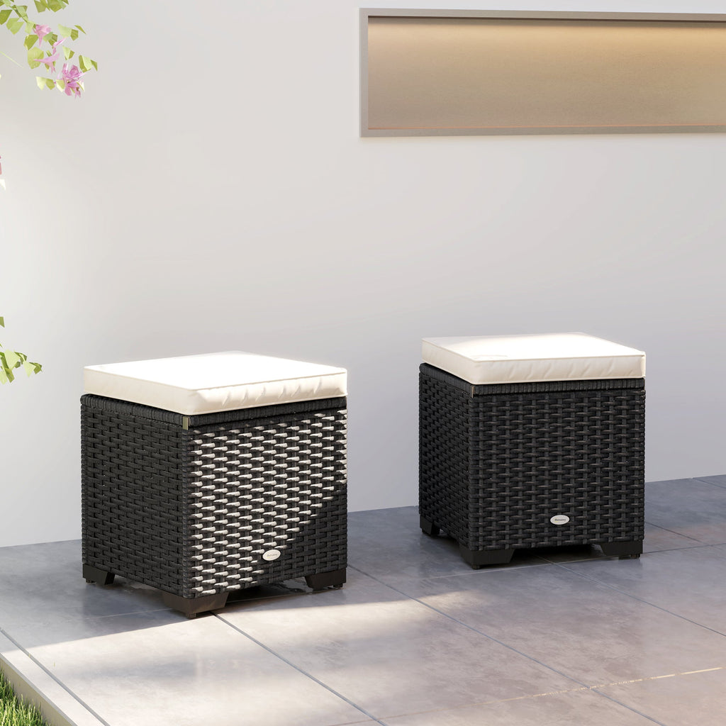 Set of 2 Rattan Storage Ottoman, Outdoor Footstool with Removable Cushions, Cream