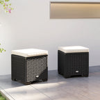 Set of 2 Rattan Storage Ottoman, Outdoor Footstool with Removable Cushions, Cream