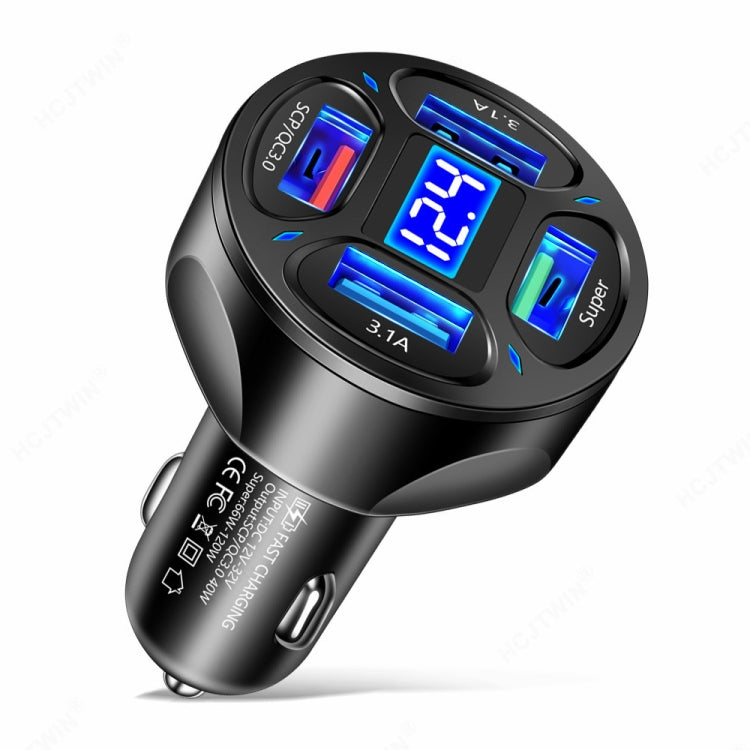 66W 4 in 1 Digital Display Fast Charging Car Charger with Voltmeter, 66W 66W Black
