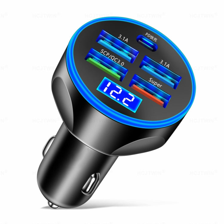 WGS-G37 5 in 1 Digital Display Super Fast Charging Car Charger with Voltmeter, WGS-G37 WGS-G37 Black