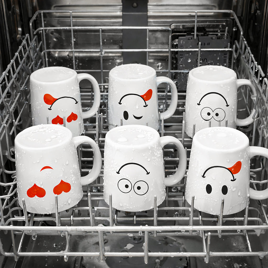 Set of 6 White Emoji Coffee Mugs – Dishwasher Safe Porcelain Tea & Hot Chocolate Cups