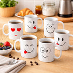 Set of 6 White Emoji Coffee Mugs – Dishwasher Safe Porcelain Tea & Hot Chocolate Cups