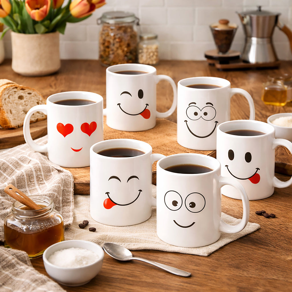 Set of 6 White Emoji Coffee Mugs – Dishwasher Safe Porcelain Tea & Hot Chocolate Cups