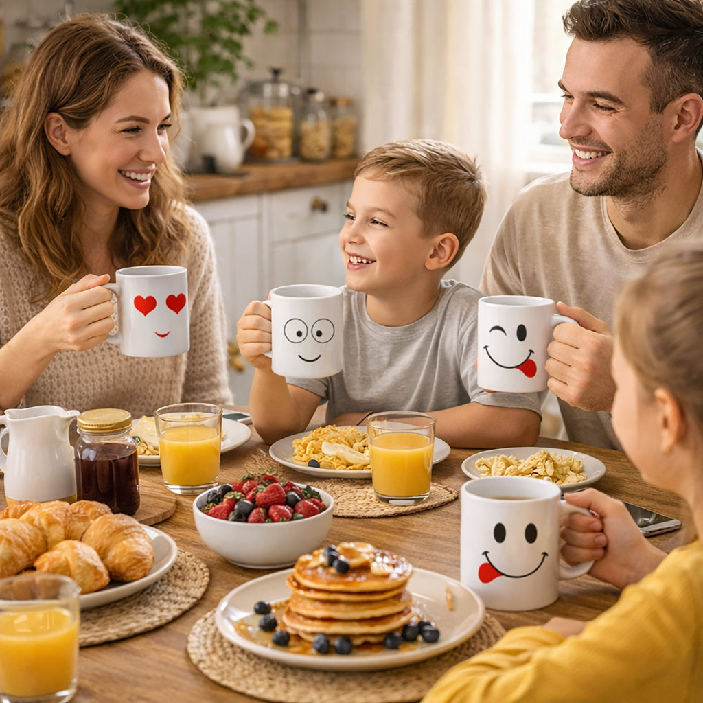Set of 6 White Emoji Coffee Mugs – Dishwasher Safe Porcelain Tea & Hot Chocolate Cups