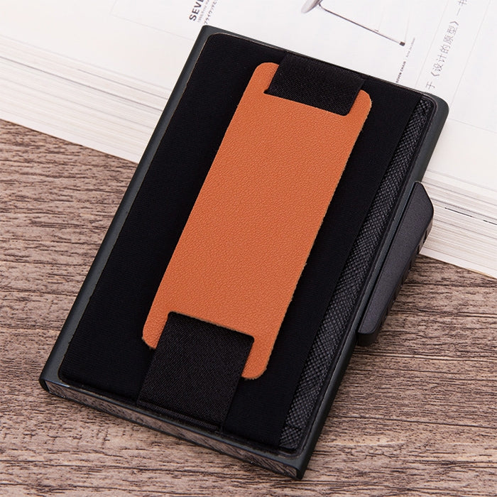 X-32C Automatically Pop-up Card Type Anti-magnetic RFID Anti-theft Men Aluminum Alloy B Dial Button Elastic Bag Wallet with PU Leather Strap, X-32C B Dial Button Black, X-32C B Dial Button Grey, X-32C B Dial Button Blue