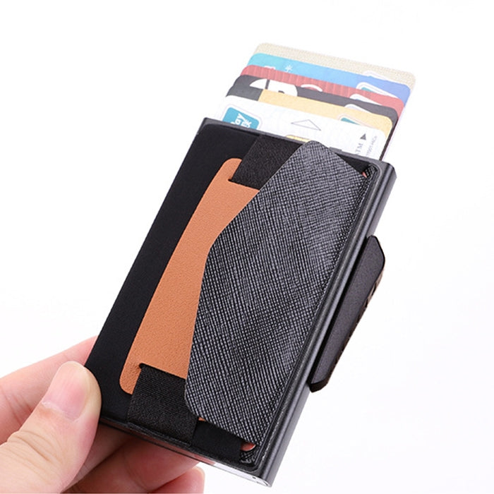 X-32C Automatically Pop-up Card Type Anti-magnetic RFID Anti-theft Men Aluminum Alloy B Dial Button Elastic Bag Wallet with PU Leather Strap, X-32C B Dial Button Black, X-32C B Dial Button Grey, X-32C B Dial Button Blue