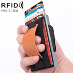 X-32C Automatically Pop-up Card Type Anti-magnetic RFID Anti-theft Men Aluminum Alloy B Dial Button Elastic Bag Wallet with PU Leather Strap, X-32C B Dial Button Black, X-32C B Dial Button Grey, X-32C B Dial Button Blue