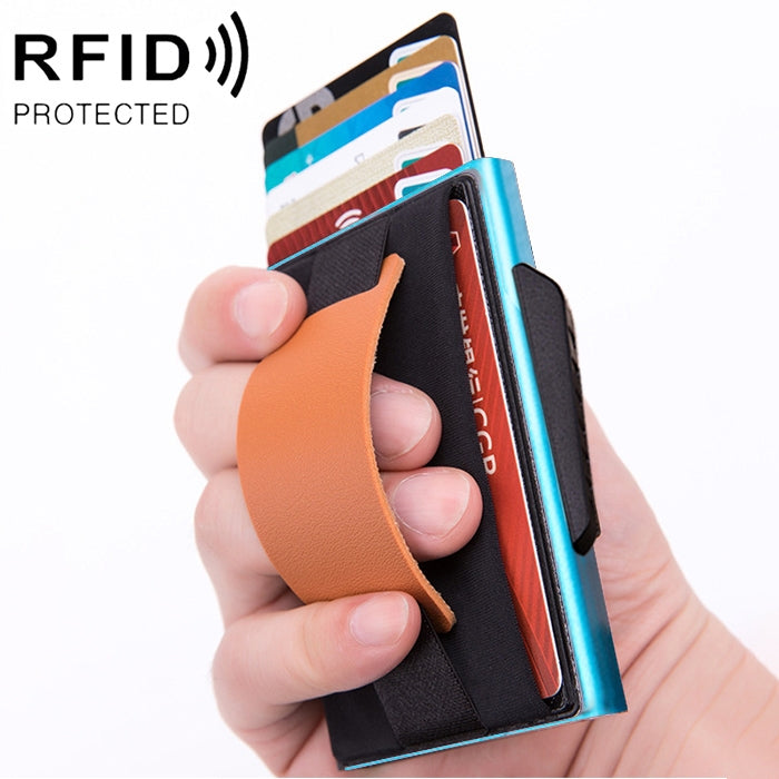 X-32C Automatically Pop-up Card Type Anti-magnetic RFID Anti-theft Men Aluminum Alloy B Dial Button Elastic Bag Wallet with PU Leather Strap, X-32C B Dial Button Black, X-32C B Dial Button Grey, X-32C B Dial Button Blue