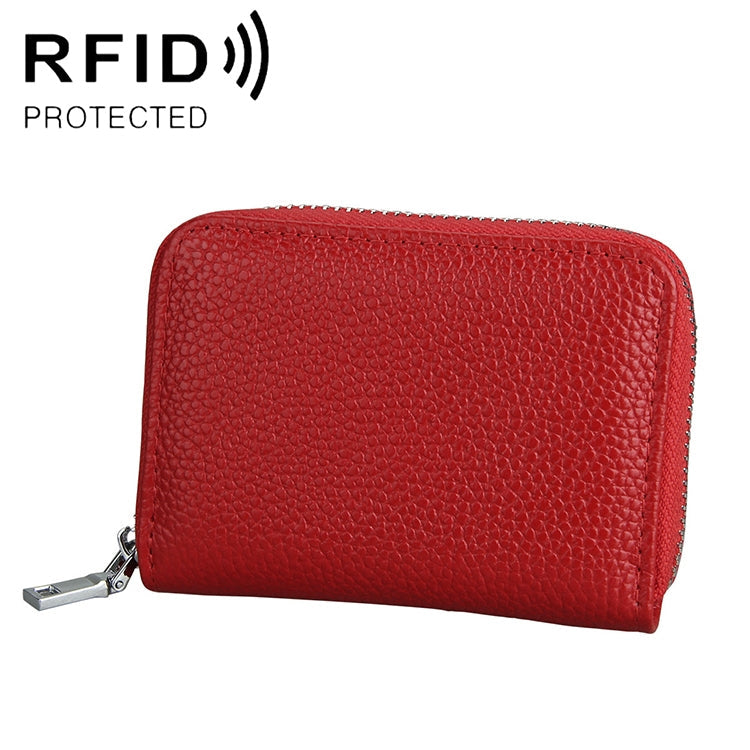KB205 Antimagnetic RFID Litchi Texture Leather Zipper Large-capacity Card Holder Wallet Red