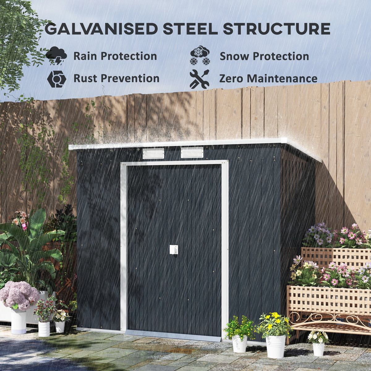 7 x 4ft Metal Garden Storage Shed w/ Double Door Dark Grey