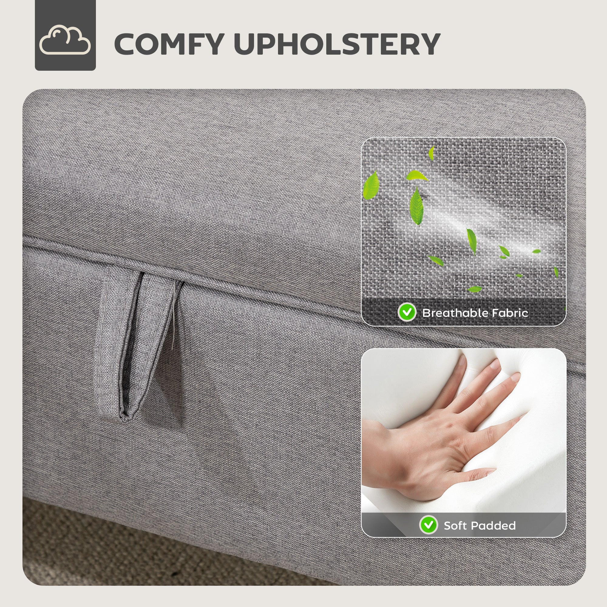 30L Linen Storage Ottoman Padded Footstool with Rubberwood Legs, Light Grey