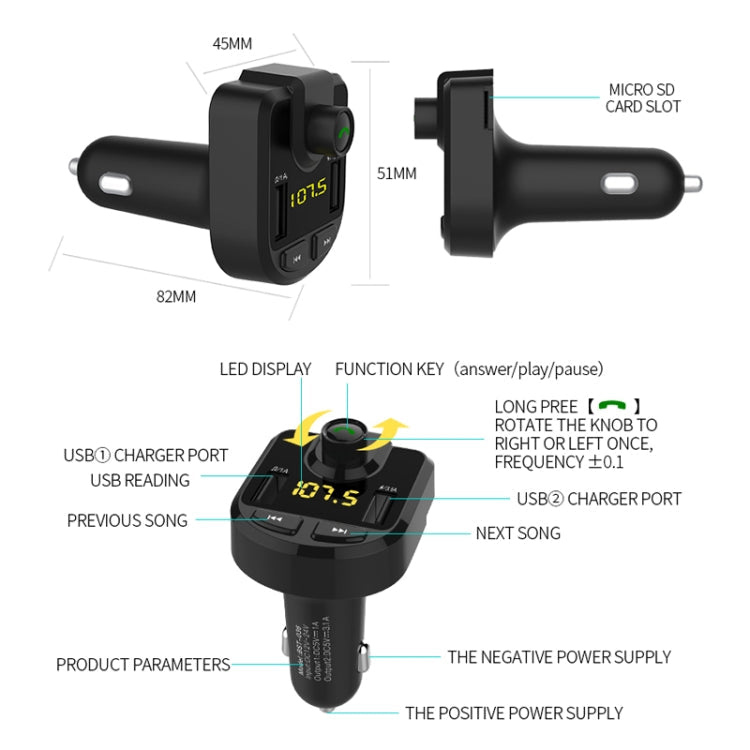 Dual USB Charger, Support Bluetooth / Micro SD Card / TF Card / USB Disk, BT36