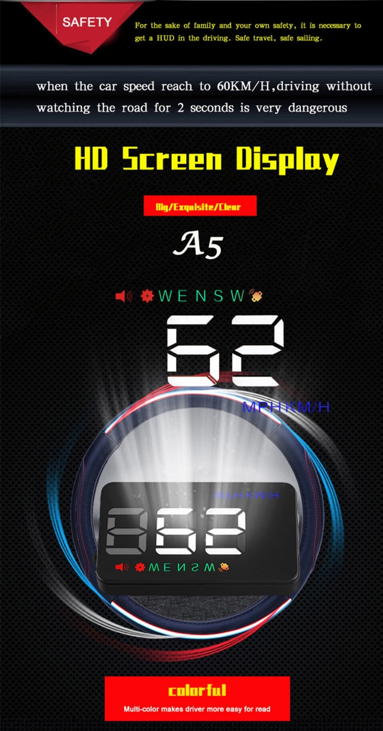 Geyiren A5 HUD 3.5 inch Car Head Up Display with GPS System, Two Mode Display, Light Sensors, KM/h MPH Speed, Compass, Speed Alarm, A5(Black), A5 (Green Light)