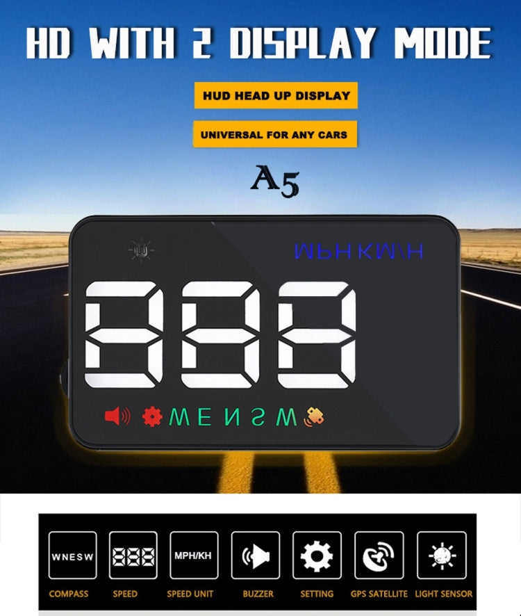 Geyiren A5 HUD 3.5 inch Car Head Up Display with GPS System, Two Mode Display, Light Sensors, KM/h MPH Speed, Compass, Speed Alarm, A5(Black), A5 (Green Light)