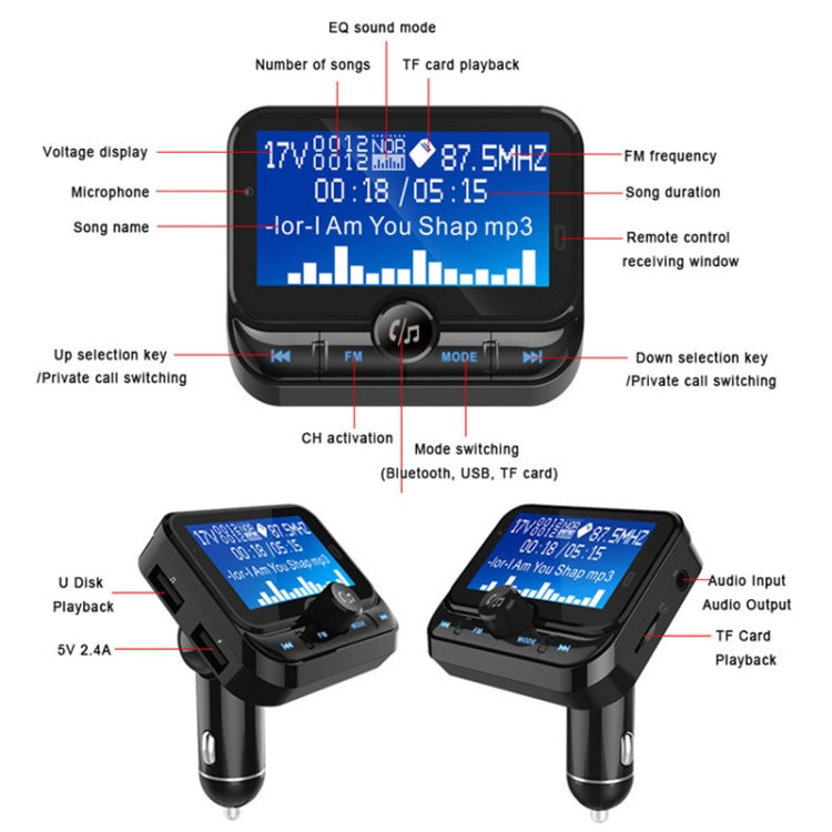 BC32 Dual USB Charging Bluetooth Hand-free Car Charger FM Transmitter MP3 Music Player Car Kit, Support Hands-Free Call & Micro SD Recording & Voltage Detection, BC32