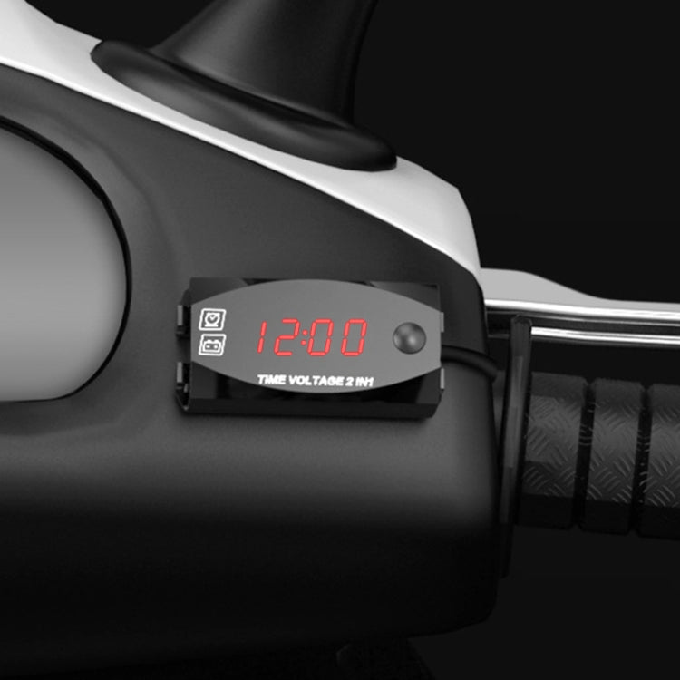 Motorcycle Multi-functional 2 in 1 Digital Display Voltmeter + Electronic Clock, 6-30V IP67 Red Light
