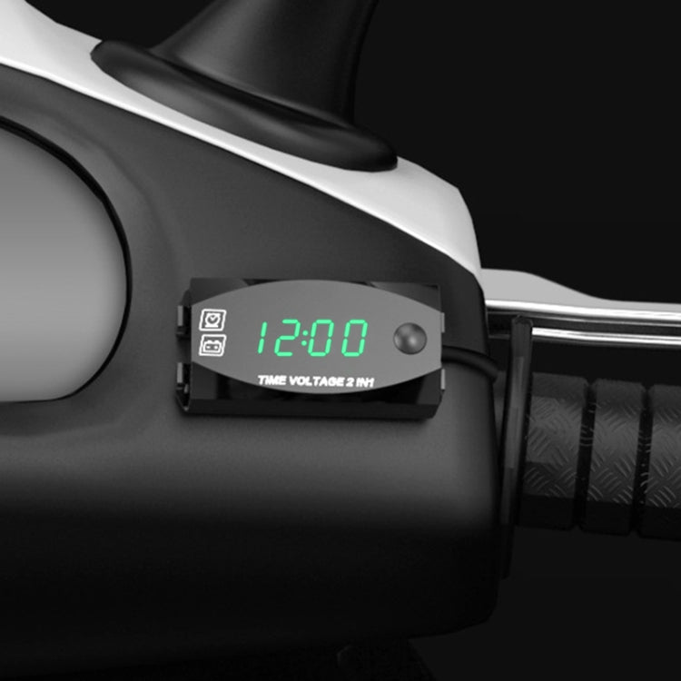Motorcycle Multi-functional 2 in 1 Digital Display Voltmeter + Electronic Clock, 6-30V IP67 – Waterproof Green Light