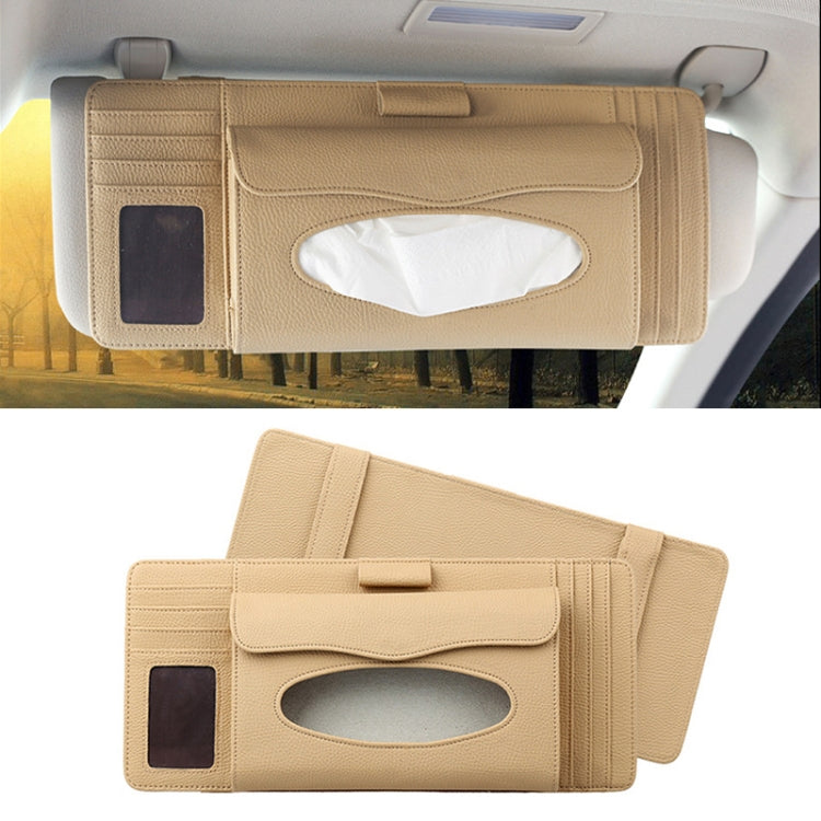 DERANFU 3 In 1 Lichee Texture Multi-function Car Hang Type Leather Towel Box with Card Slot & CD Slot – Card Slot, Leather Beige