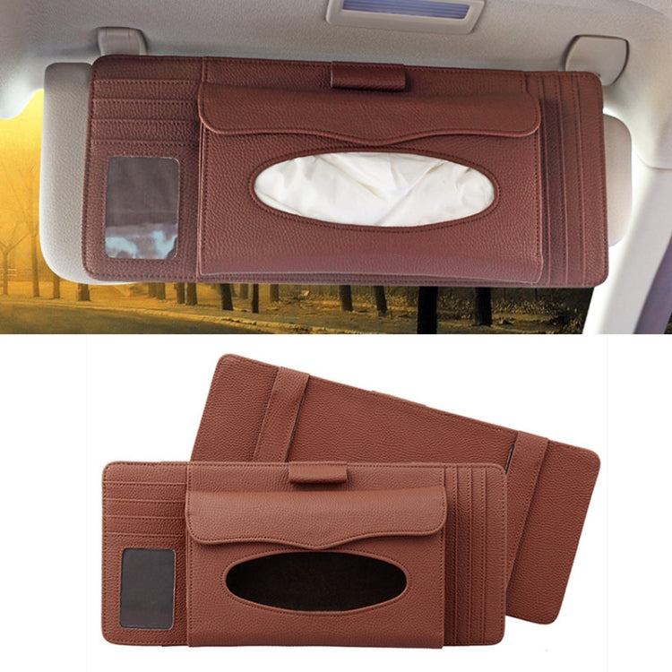 DERANFU 3 In 1 Lichee Texture Multi-function Car Hang Type Leather Towel Box with Card Slot & CD Slot – Card Slot, Leather Dark Brown