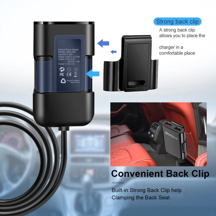 HMQ-C801 1.8m 8A Max 4 Ports USB Car Charger with Extending USB HUB for Front & Back Seat Charging, HMQ-C801 – Durable Build, Easy to Use