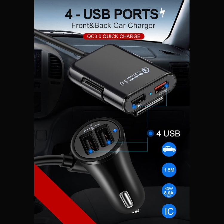 HMQ-C801 1.8m 8A Max 4 Ports USB Car Charger with Extending USB HUB for Front & Back Seat Charging, HMQ-C801 – Durable Build, Easy to Use