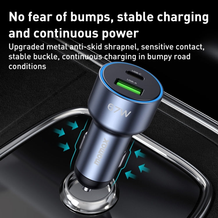 MOMAX UC16E 67W USB-C / Type-C + USB Dual Ports Car Charger, 67W – Aluminum Alloy, TPU