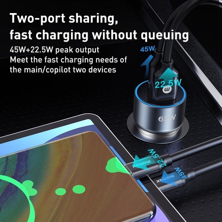 MOMAX UC16E 67W USB-C / Type-C + USB Dual Ports Car Charger, 67W – Aluminum Alloy, TPU