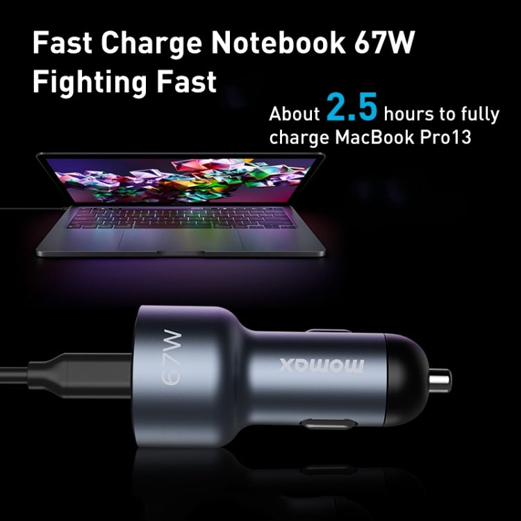 MOMAX UC16E 67W USB-C / Type-C + USB Dual Ports Car Charger, 67W – Aluminum Alloy, TPU