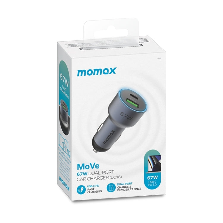 MOMAX UC16E 67W USB-C / Type-C + USB Dual Ports Car Charger, 67W – Aluminum Alloy, TPU