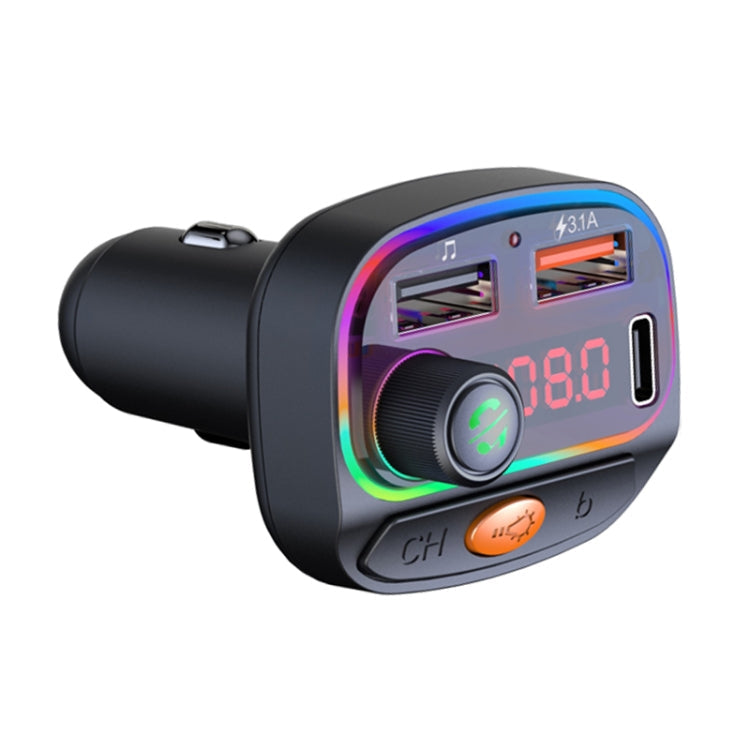 C15 Multifunctional Car Dual 3.1A+Type-C USB Charger Bluetooth FM Transmitter with Atmosphere Light, C15 C15