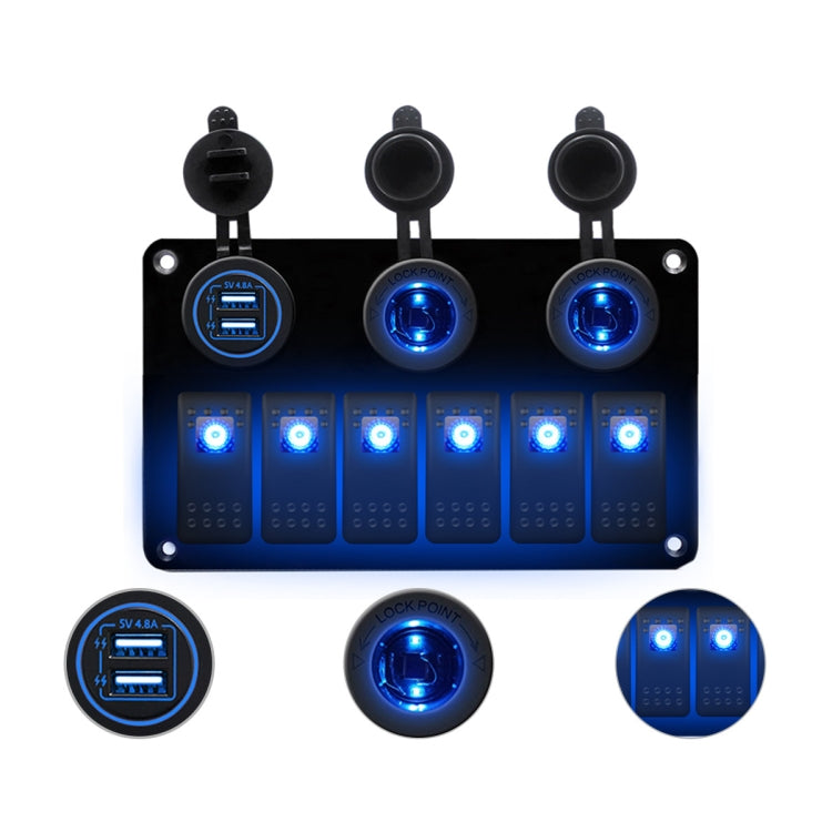 Multi-functional Combination Switch Panel 12V / 24V 6 Way Switches + Dual USB Charger for Car RV Marine Boat, 6 Way (Blue Light), 6 Way (Green Light), 6 Way (Red Light) 6 Way (Blue Light) Blue Light