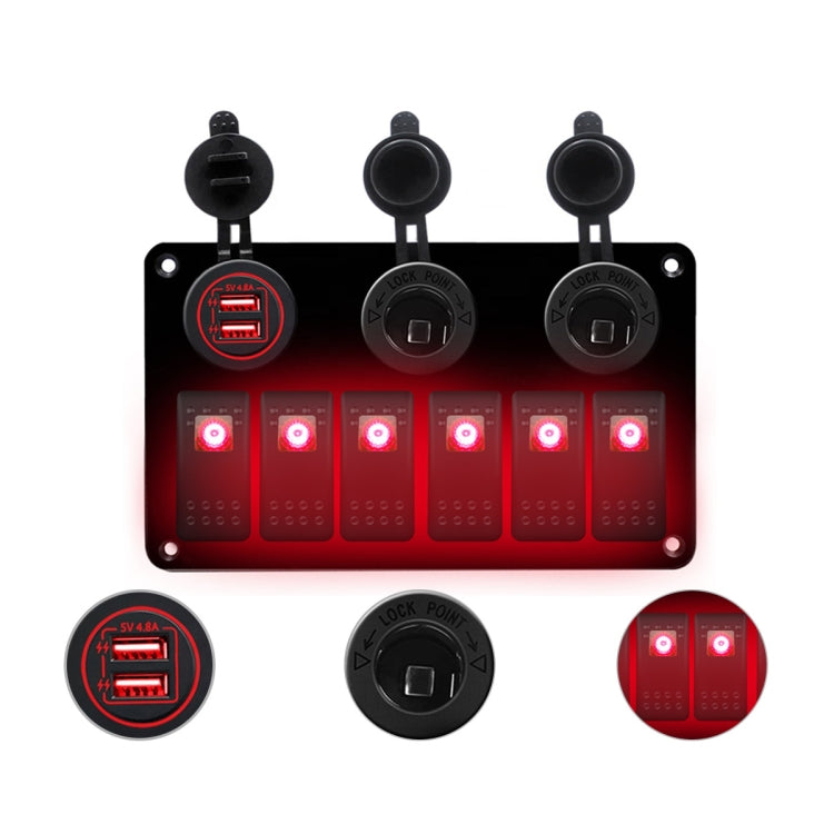 Multi-functional Combination Switch Panel 12V / 24V 6 Way Switches + Dual USB Charger for Car RV Marine Boat, 6 Way (Blue Light), 6 Way (Green Light), 6 Way (Red Light) – Durable Build, Easy to Use 6 Way (Red Light) Red Light