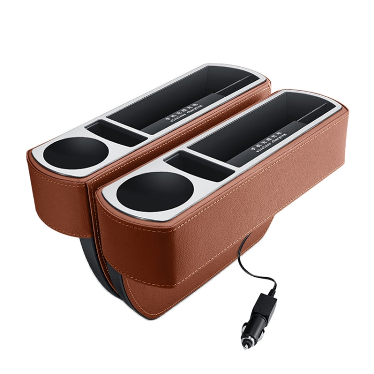 Car Multi-functional Wireless Fast Charge Console PU Leather Box Cup Holder Seat Gap Side Storage Box, Wireless Fast Charge (Black), Wireless Fast Charge (Beige), Wireless Fast Charge (Brown) – Leather Wireless Fast Charge (Brown) Brown