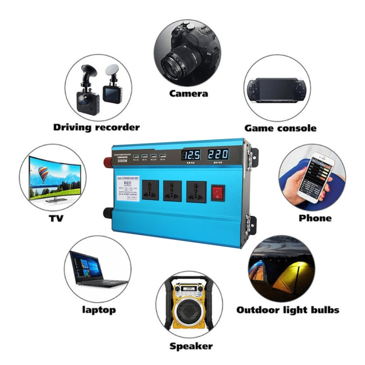 Carmaer 12V to 220V 3000W Intelligent Fan Car Double Digital Display Inverter Household Power Converter, 12V to 220V 3000W – TPU