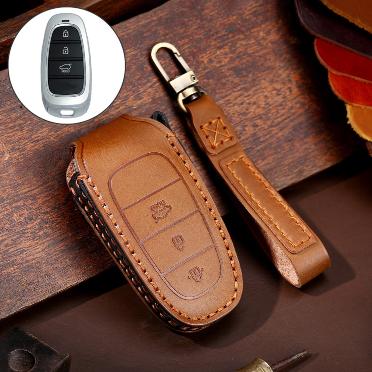Hallmo Car Cowhide Leather Key Protective Cover Key Case for Hyundai 3-button, For Hyundai 3-button For Hyundai 3-button Brown