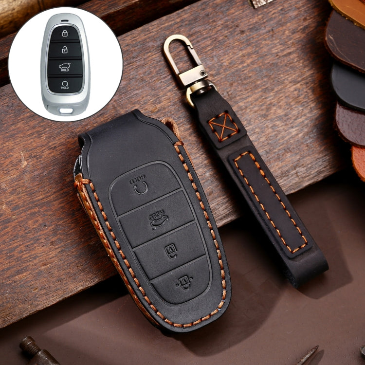 Hallmo Car Cowhide Leather Key Protective Cover Key Case for Hyundai 4-button Start – Leather, For Hyundai 4-button Start For Hyundai 4-button Start Black