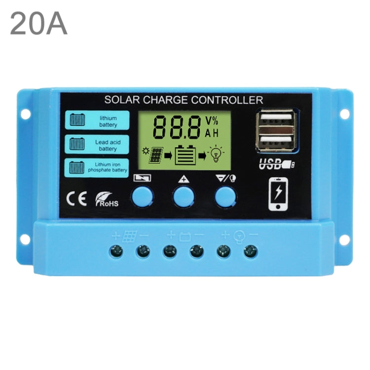 20A Solar Charge Controller 12V / 24V Lithium Lead-Acid Battery Charge Discharge PV Controller, 20A 20A