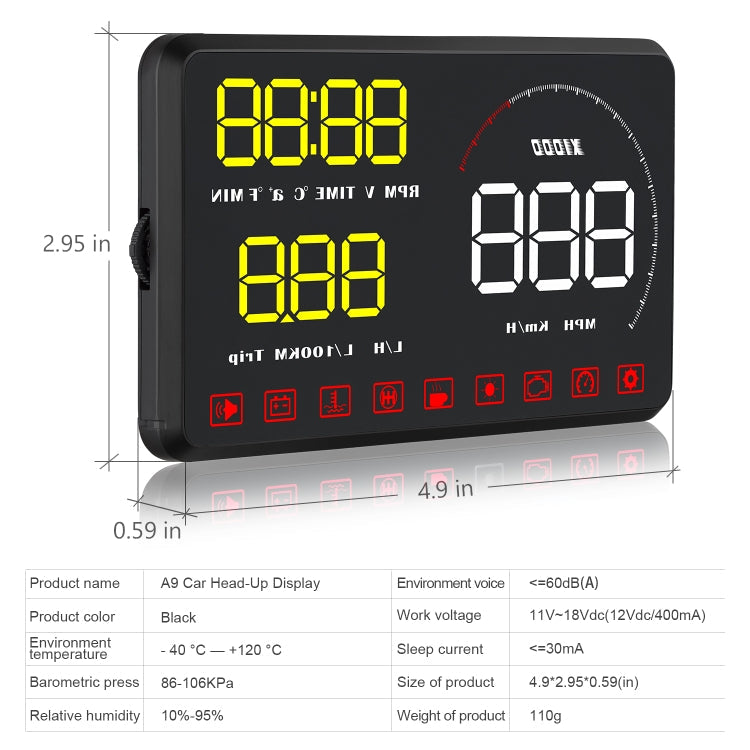 A9 5.5 inch Universal Car OBD2 HUD Vehicle-mounted Head Up Display, A9(Blue)