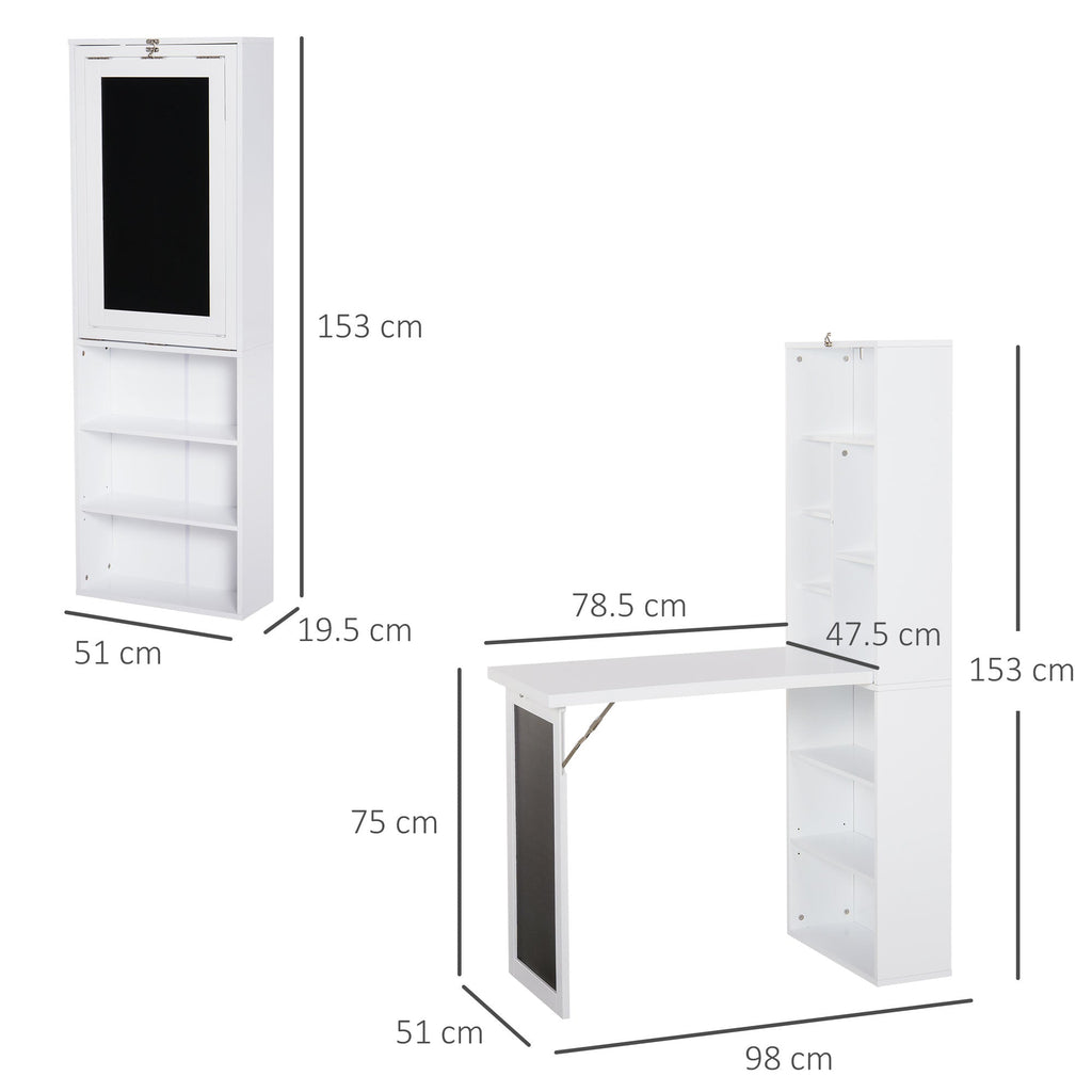 Wall Mounted Computer Desk, Folding Study Table with Black Board and Bookshelf, Multifunctional Floating Writing Desk for Home Office, White