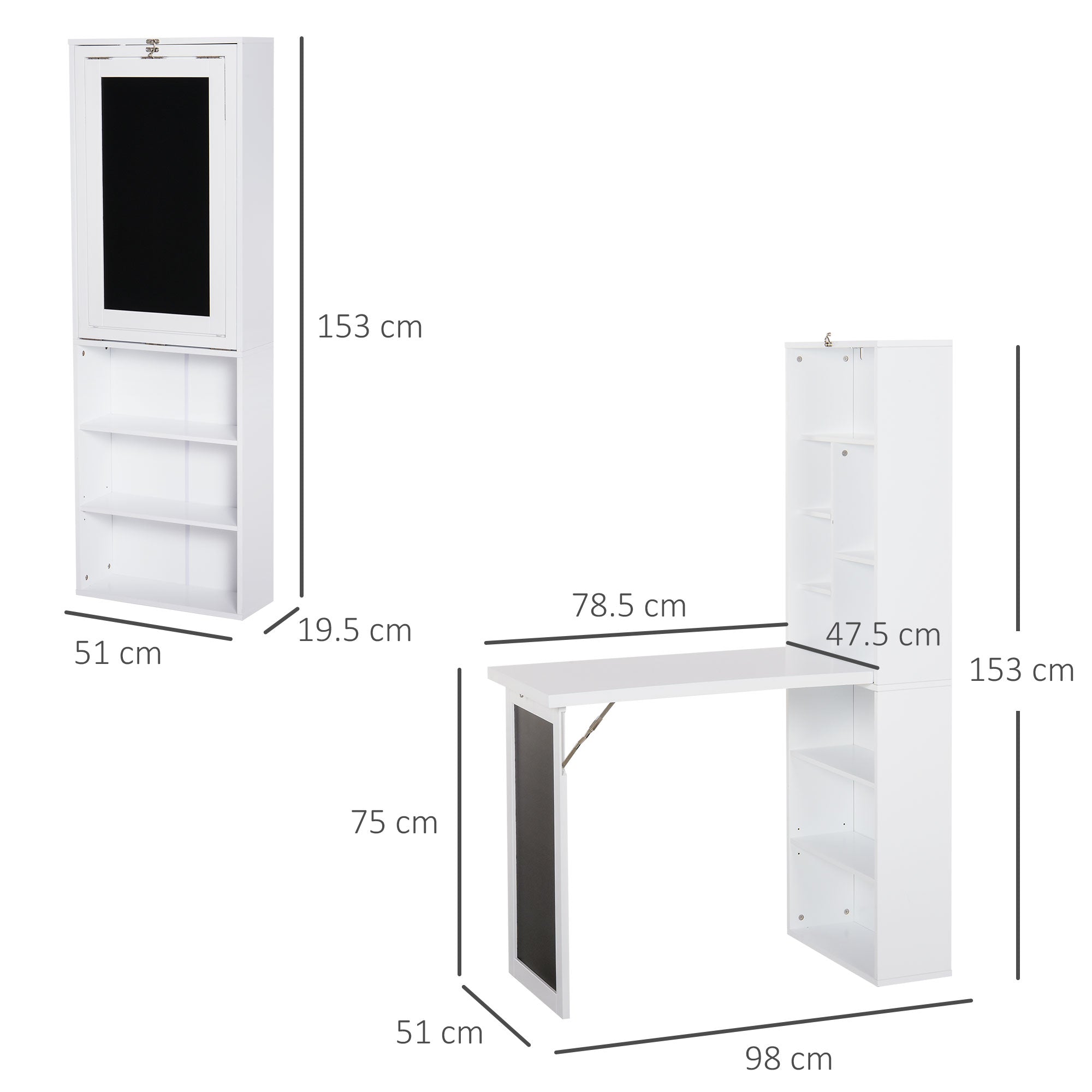 Wall Mounted Computer Desk, Folding Study Table with Black Board and Bookshelf, Multifunctional Floating Writing Desk for Home Office, White