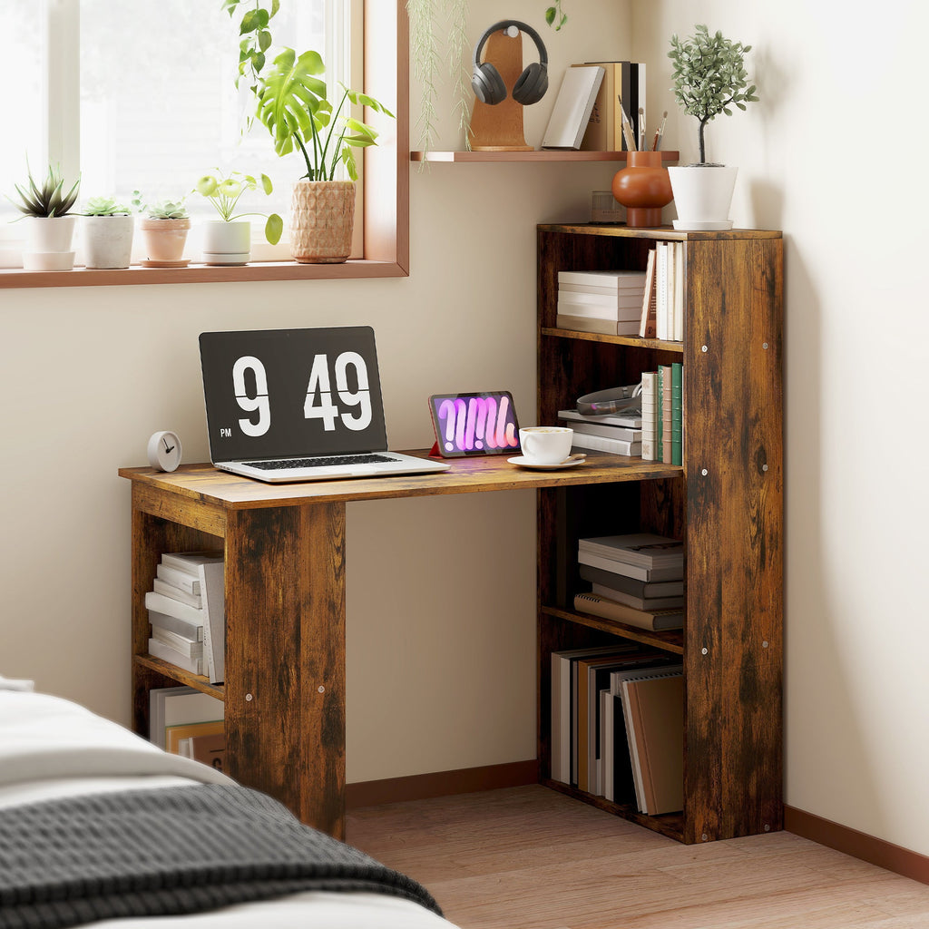 120cm Computer Desk, Wooden PC Laptop Table with 6-Tier Storage Bookshelves, Home Office Working Study Desk, Writing Workstation, Rustic Brown Wood-Effect Rustic Brown