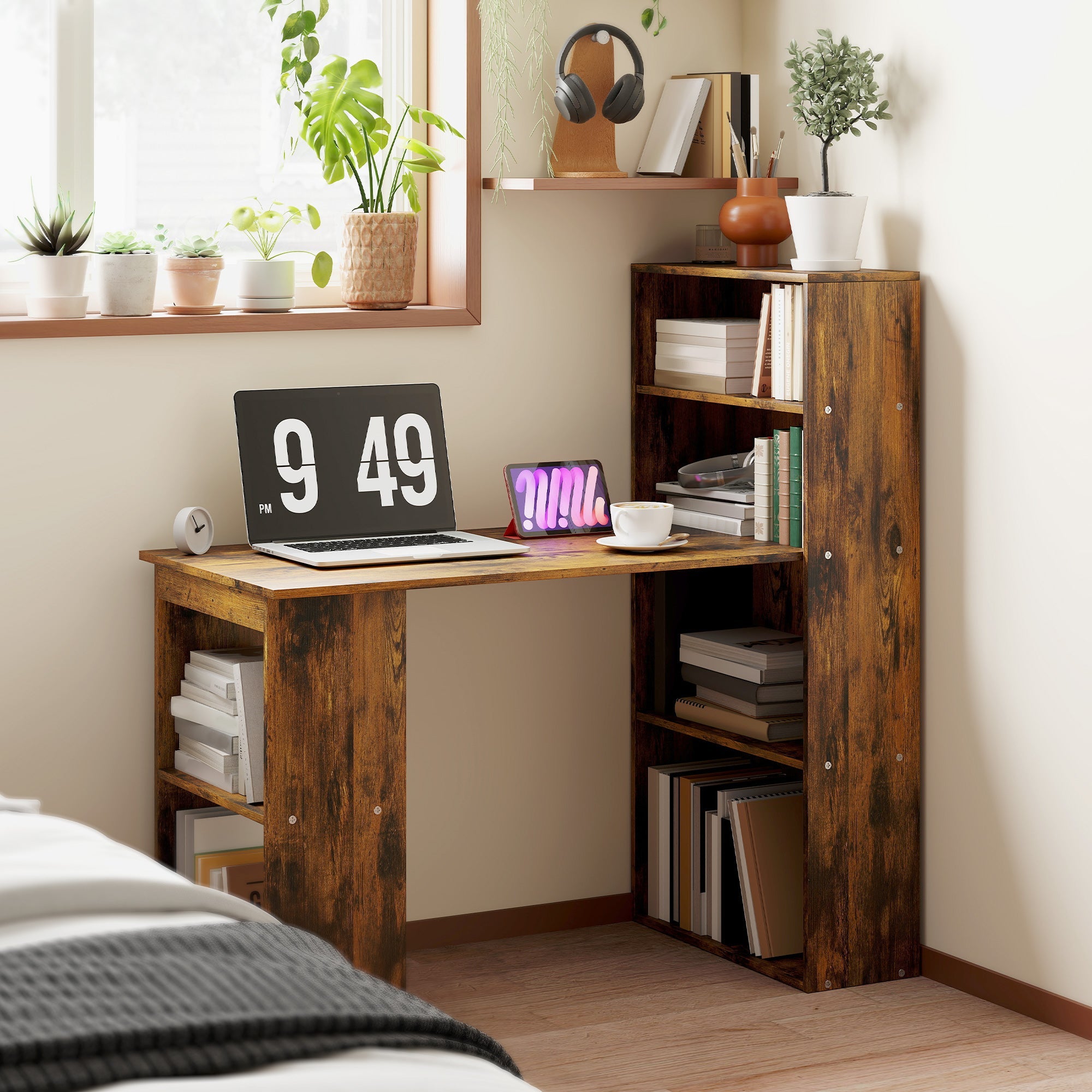 120cm Computer Desk, Wooden PC Laptop Table with 6-Tier Storage Bookshelves, Home Office Working Study Desk, Writing Workstation, Rustic Brown Wood-Effect Rustic Brown
