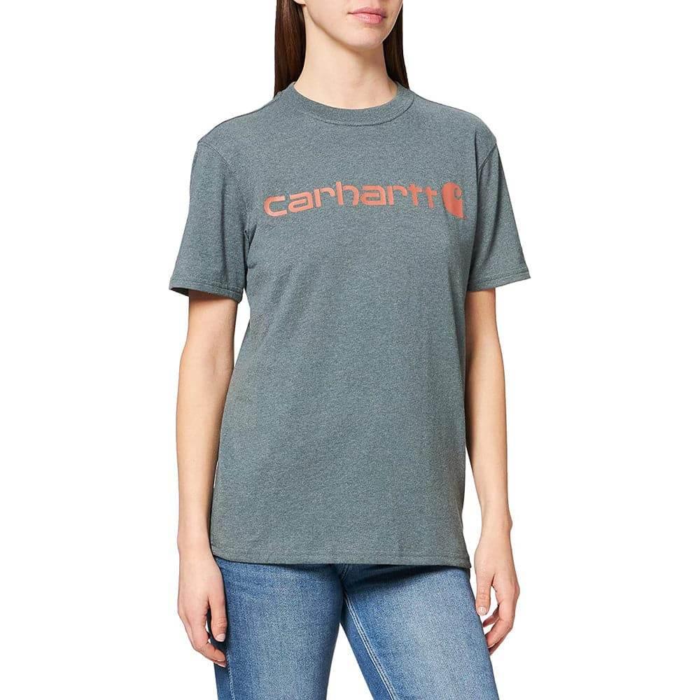 Carhartt 103592 Womens Loose Fit Heavyweight Short Sleeve Logo Graphic T-Shirt FOG GREEN HEATHER