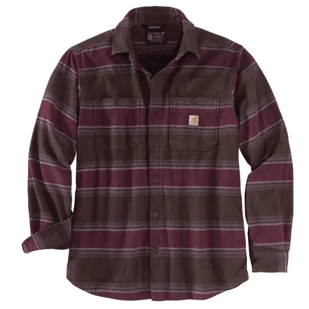 Carhartt 104913 Rugged Flex Relaxed Fit Midweight Flannel Fleece Lined Shirt DARK BROWN STRIPE