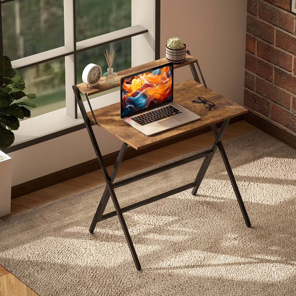 Folding Computer Desk with Monitor Shelf - Rustic Brown 81.5 cm